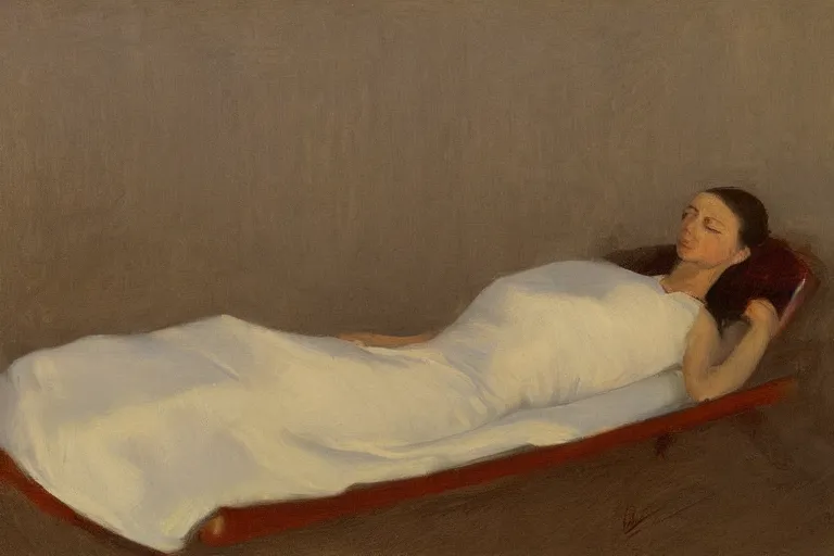 Prompt: Full body reclined portrait painting at dawn Tonalism