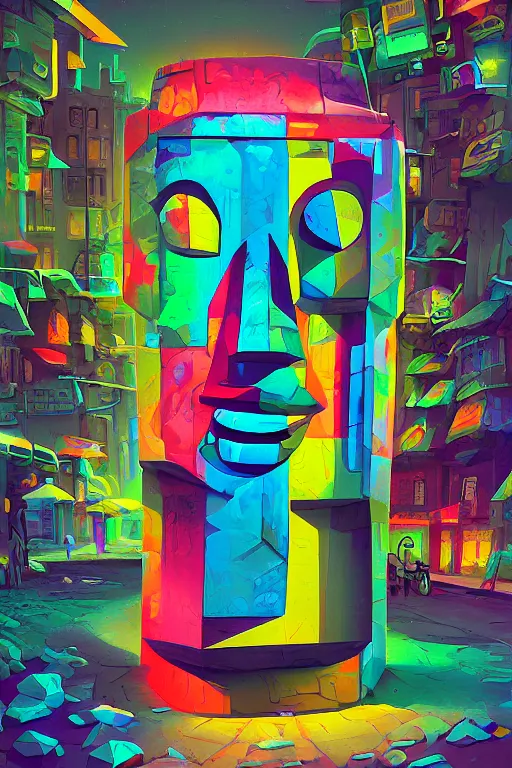 Prompt: geometric moai statue digital illustration cartoon graffity street comics colorful beeple, by thomas kinkade
