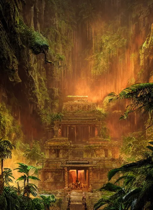 Image similar to ancient temple of doom in the exotic jungle , Dynamic lighting, cinematic, establishing shot, extremely high detail, photo realistic, cinematic lighting, , post processed denoised, concept design, concept art, artstation, matte painting, midjourney, style by alex ross, raphael lacoste, eddie mendoza