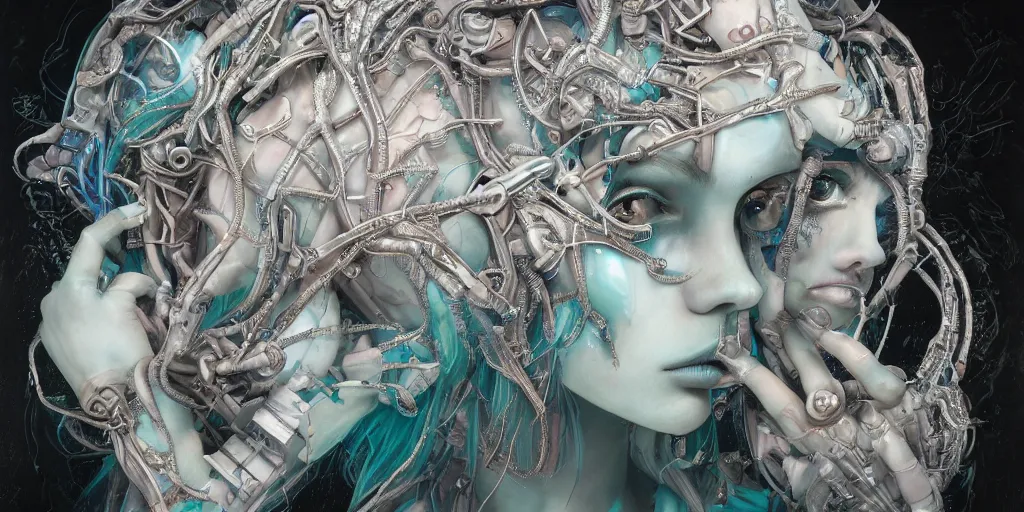 Image similar to hyperrealistic seapunk photography of a highly detailed and symmetrical gorgeous cyborg nymph deconstructing a poetry machine in the style of beth cavener, jin kagetsu, james jean and wlop, highly detailed, face symmetry, masterpiece, award - winning, sharp focus, intricate concept art, ambient lighting, 8 k, artstation