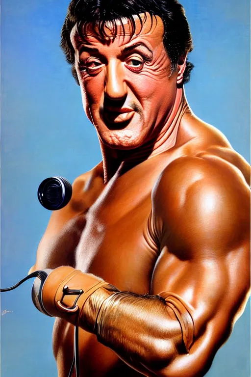 Image similar to portrait of sylvester stallone by gil elvgren and norman rockwell and rob gonsalves and hajime sorayama, hyperrealistic, high detail, ultra detailed, highly detailed face