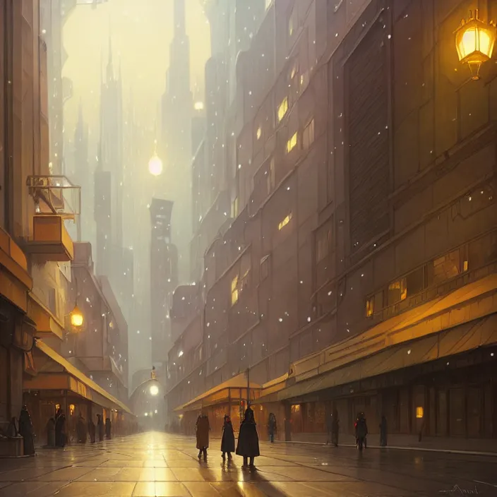 Image similar to empty big city at night, winter, in the style of studio ghibli, j. c. leyendecker, greg rutkowski, artem