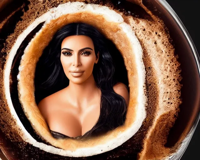 Image similar to Kim Kardashian inside a giant cup of coffee, cinematic, highly detailed, HD, 4K, professional image, professional lighting