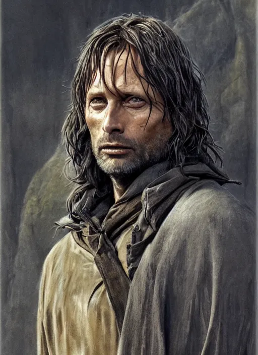 Image similar to Mads Mikkelsen as Aragorn by Alan Lee, golden hour, concept art, detailed clothing, art station, oil painting