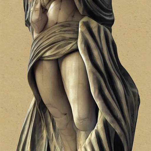 Prompt: “Marble statue of Mikasa Ackerman where she is feeling lost and distressed, Artstation, Deviantart, Mappa, Overlord, Greek museum style marble statue”