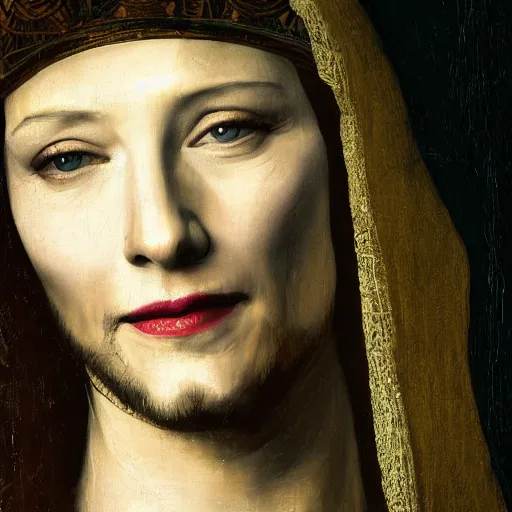 Image similar to painting of cate blanchett as jesus by leonardo davinci