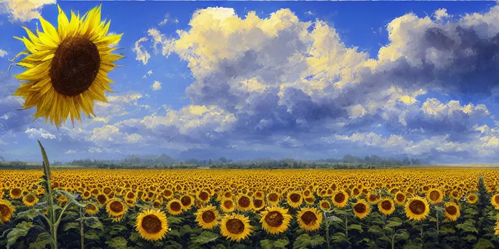 Image similar to Hyper realistic oil painting of an endless sunflower field, high contrast, blue skies, cinematic, by greg rutkowski