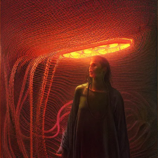 Image similar to liminal!!, portrait, shore of the lake, woman, wrapped around by glowing tubes and cables, short black curly hair, glowing red, by edgar maxence and ross tran, zdzisław beksinski, and michael whelan, distant, gustav dore, h. r. giger, 8 k, octane render