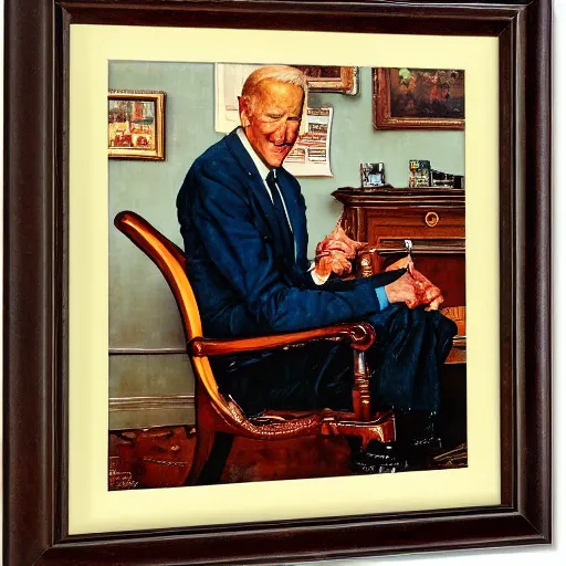 Image similar to a medium close up portrait painting by Norman Rockwell of Joe Biden sitting in a chair. Cozy fire. legs crossed