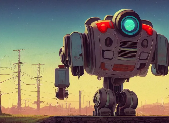 Prompt: retro robot illustration by robert kinoshita and simon stalenhag, full of details, by makoto shinkai and thomas kinkade, matte painting, trending on artstation and unreal engine