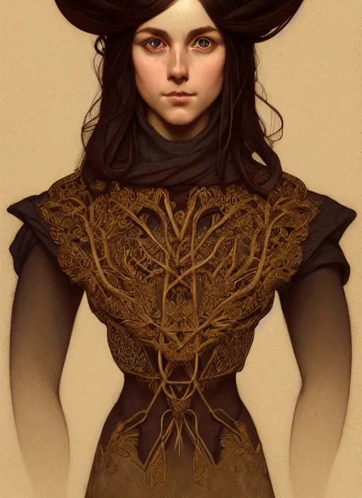 Image similar to symmetry portrait of welsh brunette student in mans tunic, tomboy, short hair, forest, intricate, elegant, highly detailed, digital painting, artstation, concept art, smooth, sharp focus, illustration, art by artgerm and greg rutkowski and fra angelico and alphons mucha