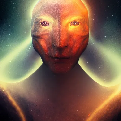 Prompt: portrait of an extraterrestrial creature, renaissance style, star wars character, volumetric lights, symmetry, headpiece, trending on artstation, sharp focus, leica, studio photo, intricate details, highly detailed