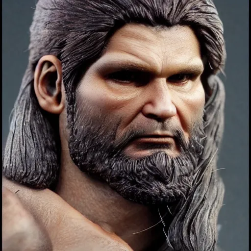 Image similar to of a viking from valhalla, wearing the horned helmet ultra fine detail, hair strands, ultra high resolution, fine texture detail, miniature painting techniques, perfect proportions, marvel cinematic universe, eric bana