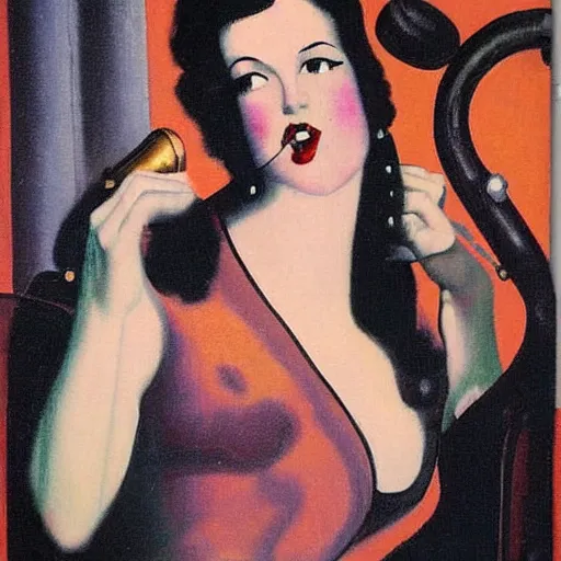 Image similar to art deco painting of a sultry young woman singing jazz in a club, style of norman rockwell, album art