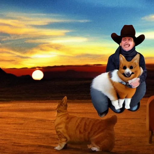 Image similar to cat in a cowboy hat riding a corgi, wild west, sunset