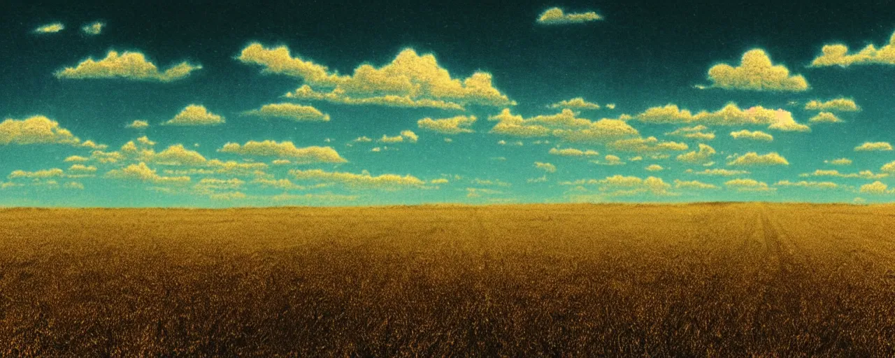 Image similar to film still of kansas landscape and sky, intricate, beautiful, serene, majestic, detailed, ultra, mega, super, visable sounds waves