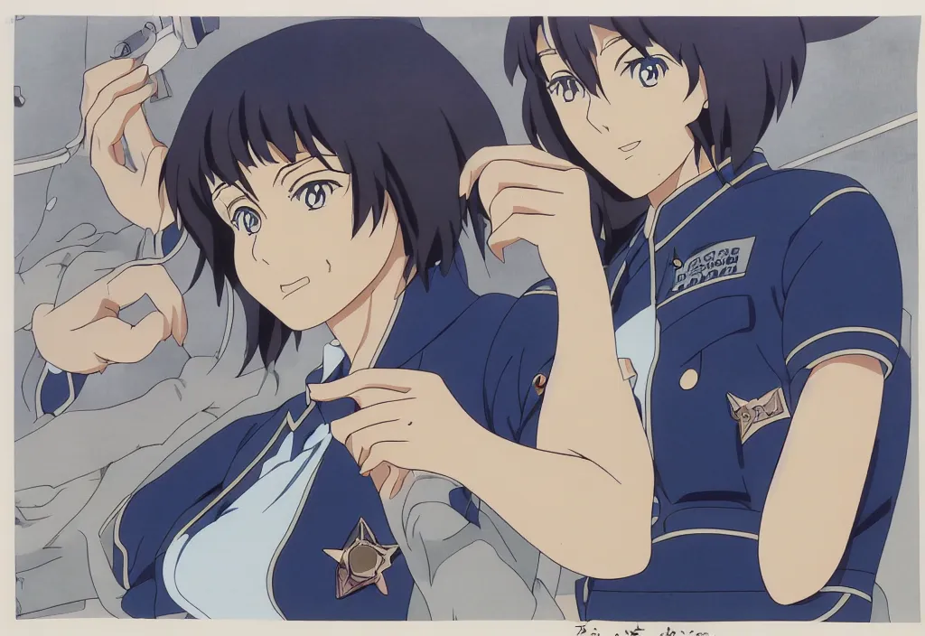 Prompt: police woman, animation cel for anime movie, designed by haruhiko mikimoto
