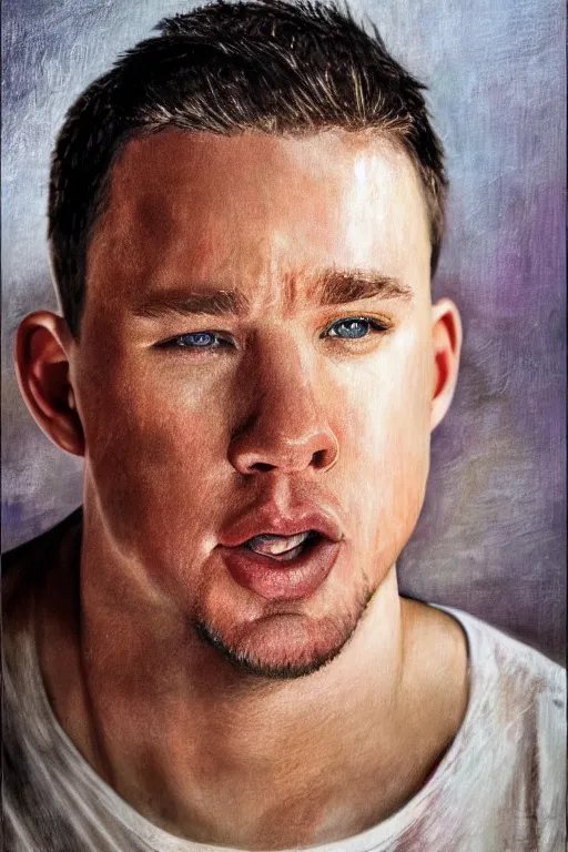 Image similar to channing tatum made out of a tater tot, oil on canvas, intricate, portrait, 8 k highly professionally detailed, hdr, cgsociety