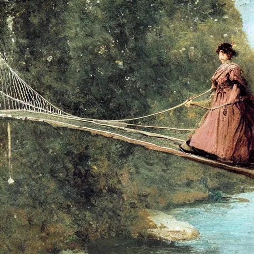 Image similar to woman traversing a suspension bridge by alfred stevens