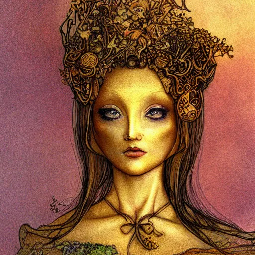 Prompt: brass woman, golden hour, illustration by Brian Froud and John Bauer, coloured lineart, floral