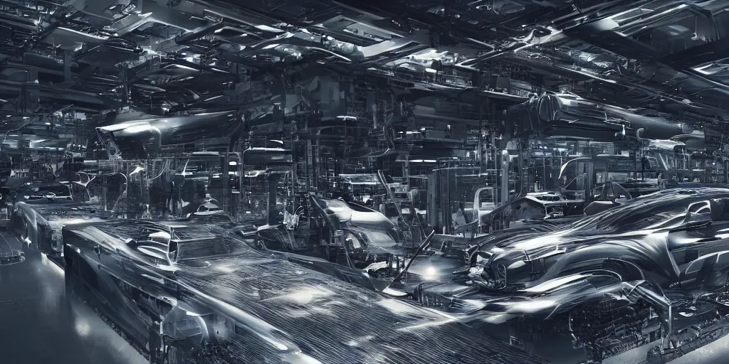 Prompt: carbon fiber automobile production line of hydrogen power energy, science fiction, beautiful, cinematic lighting, intricate details, octane rendering, trending on artstation, featured on behance.