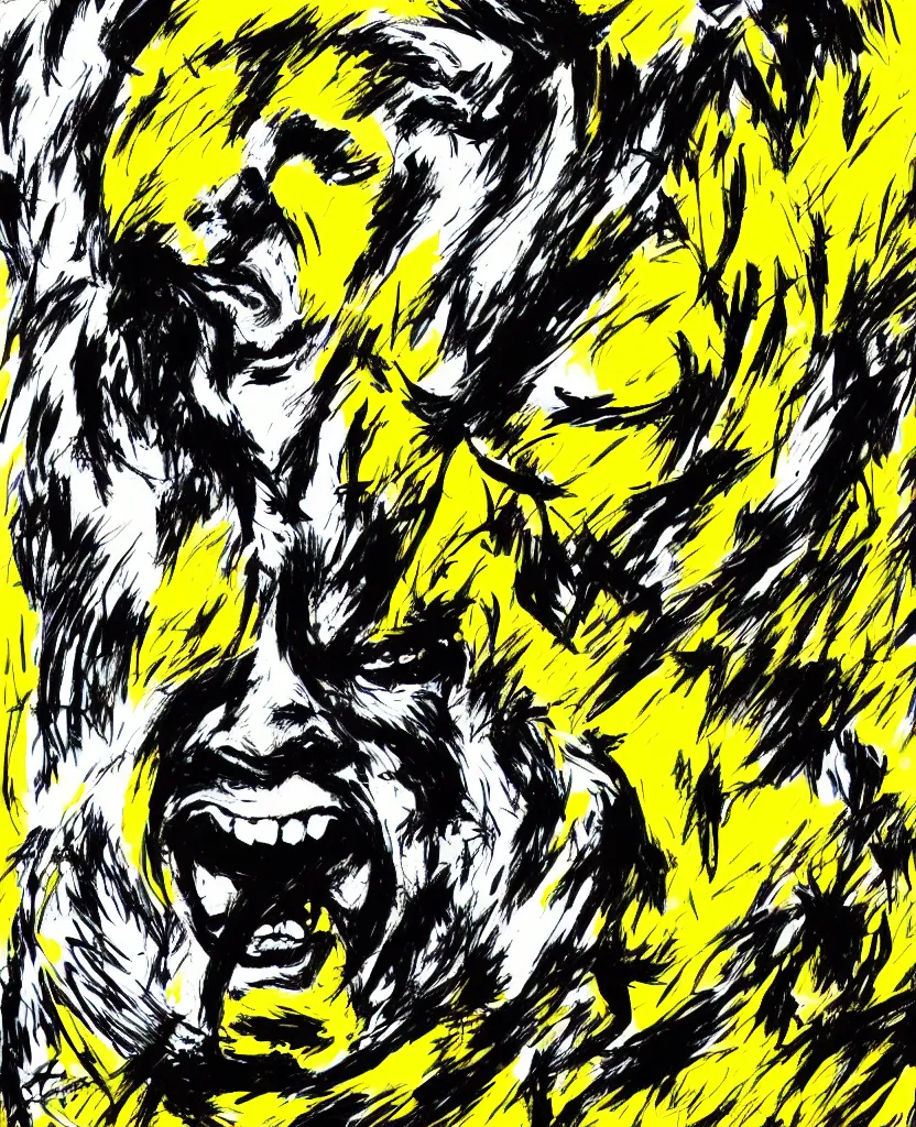 Image similar to a portrait of bruce lee screaming drawn with black and yellow permanent marker