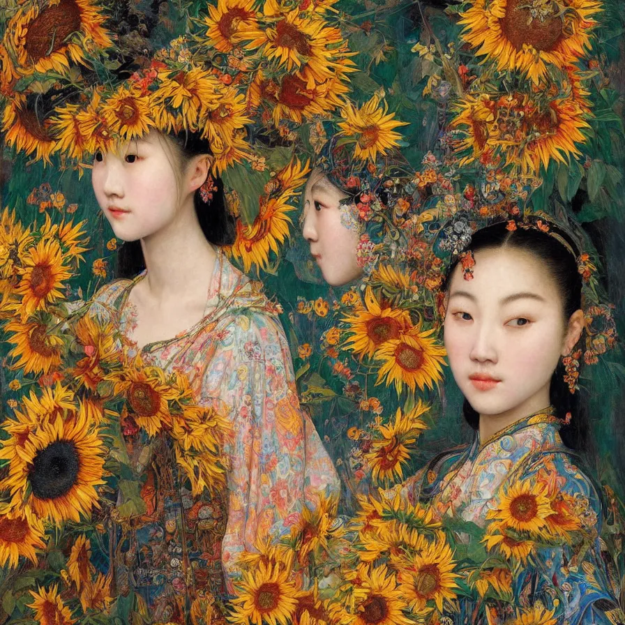 Image similar to a beautiful chinese young woman wearing colourful face paint surrounded by bright intricate patterns involving sunflowers and more, by edgar maxence and caravaggio and michael whelan, intricate painting, hyper realistic, extremely detailed and beautiful aesthetic face, 8 k resolution