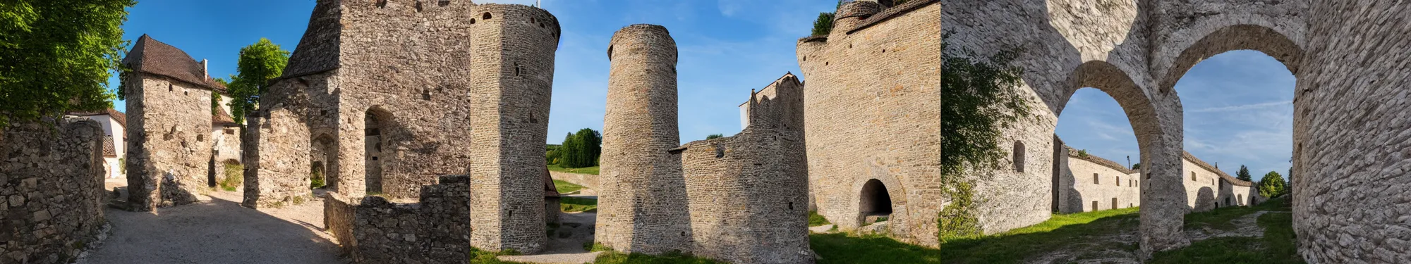 Prompt: High-quality DSLR photo of the medieval fortification walls of a Bavarian village, wide angle lens, harsh sunlight