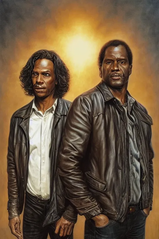 Image similar to a man in a brown leather jacket and a black man in a white shirt. in the style of of true detective fanfare. art by tomasz alen kopera and glenn fabry.