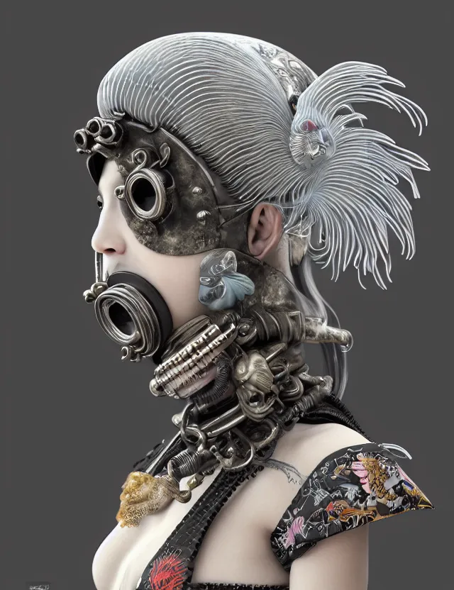 Image similar to 3 d goddess close - up profile punk portrait with vintage gas mask ram skull. beautiful intricately detailed japanese crow kitsune mask and clasical japanese kimono. betta fish, jellyfish phoenix, bio luminescent, plasma, ice, water, wind, creature, artwork by tooth wu and wlop and beeple and greg rutkowski