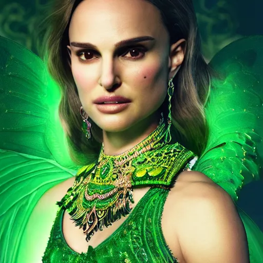 Prompt: portrait natalie portman, glowing, ornate and intricate green jewelry, jaw dropping beauty, glowing background lighting, green accent lighting, hyper detailed, fairy tale, 4 k octane render