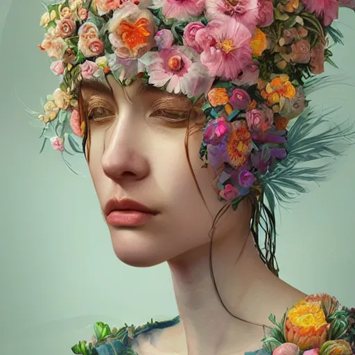 Image similar to biomorphic painting of a female with flowers, au naturel, hyper detailed, digital art, trending in artstation, cinematic lighting, studio quality, smooth render, unreal engine 5 rendered, octane rendered, art style by klimt and nixeu and ian sprigger and wlop and krenz cushart