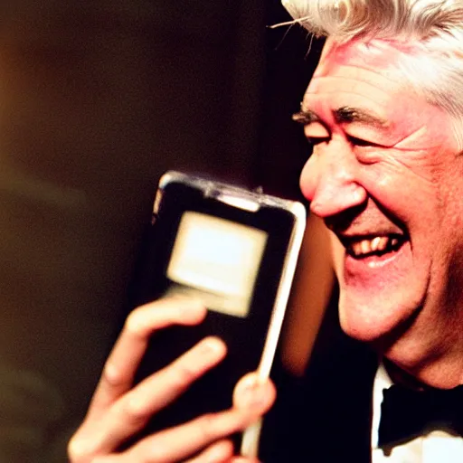 Prompt: David Lynch holding a phone laughing