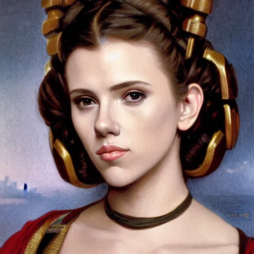Prompt: headshot of scarlett johansson as princess leia in star wars by william bouguereau and louis rhead
