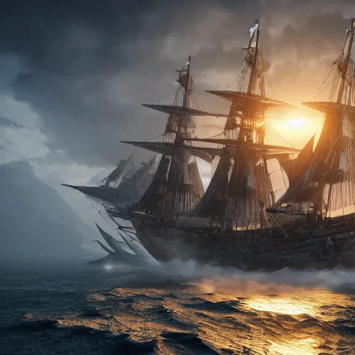 Image similar to ancient ship battle, highly detailed, photorealistic portrait, bright studio setting, studio lighting, crisp quality and light reflections, unreal engine 5 quality render