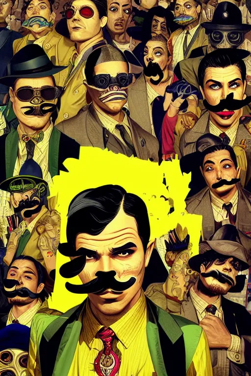 Image similar to gang saints wear yellow bandanas, and some of them have thick mustaches, their eyes are sharp, pop art style, dynamic comparison, proportional, professional art, bioshock art style, gta chinatowon art style, hyper realistic, face and body clarity, complicated, intricate, concept art, art by argerm dan richard hamilton