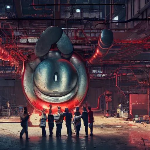 Image similar to a giant mickey mouse head, factory floor, surrounded by factory workers, octane render, cgstation, 3 d render, very detailed, mindblowing, blood and guts, gritty, cyberpunk, cinematic lighting, hyper realism, netflix logo