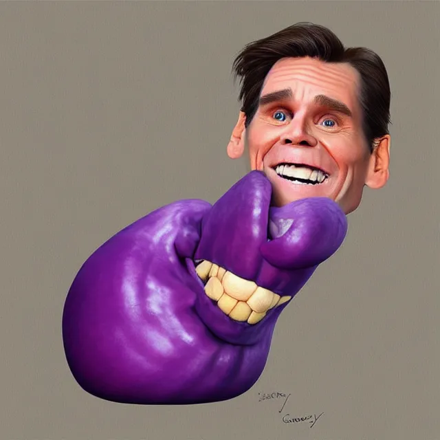 Image similar to jim carrey in a eggplant costume, trending on artstation