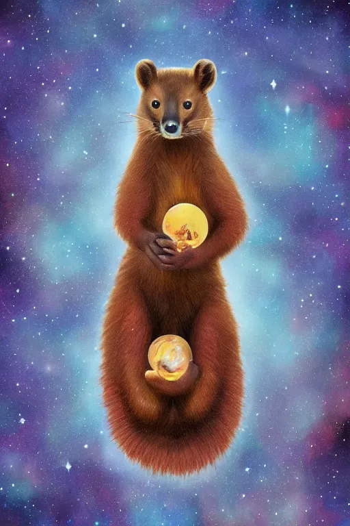 Image similar to giant pine marten in space holding a planet, digital art, trending on artstation, highly detailed, minimalistic art