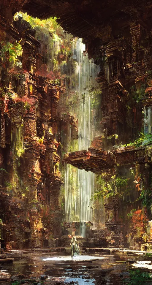 Prompt: ancient temple ruins interior, waterfall, intricate, elegant, vivid colors, highly detailed, john park, craig mullins, sparth, ruan jia, jeffrey catherine jones