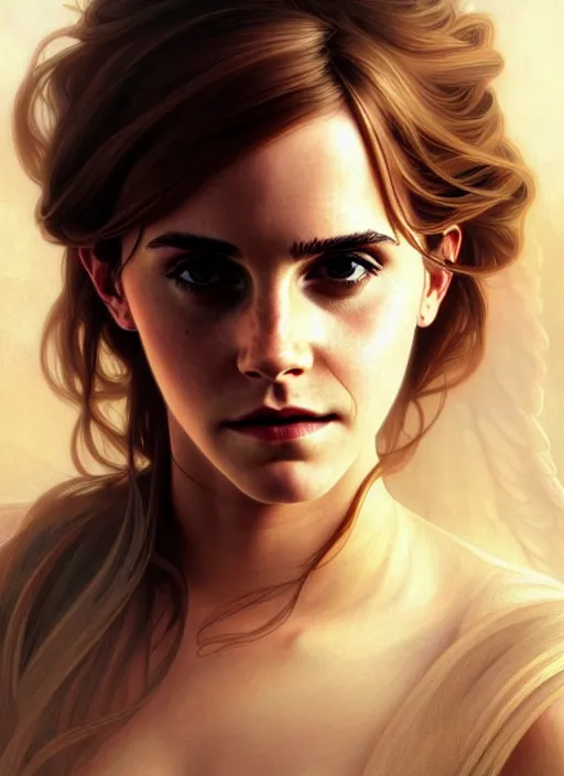 Image similar to portrait of emma watson as an sultry angel, wings, bible, intricate, headshot, highly detailed, digital painting, artstation, concept art, sharp focus, cinematic lighting, illustration, art by artgerm and greg rutkowski, alphonse mucha, cgsociety