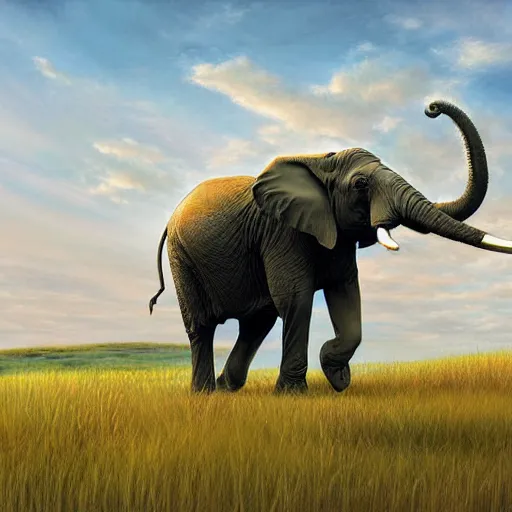 Prompt: elephant exploring the prairie hills, tall grass, digital painting