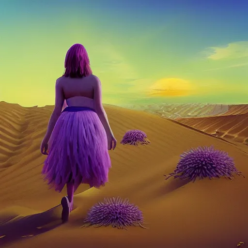 Image similar to portrait, giant purple dahlia flower head, girl walking between dunes, surreal photography, sunrise, blue sky, dramatic light, impressionist painting, digital painting, artstation, simon stalenhag