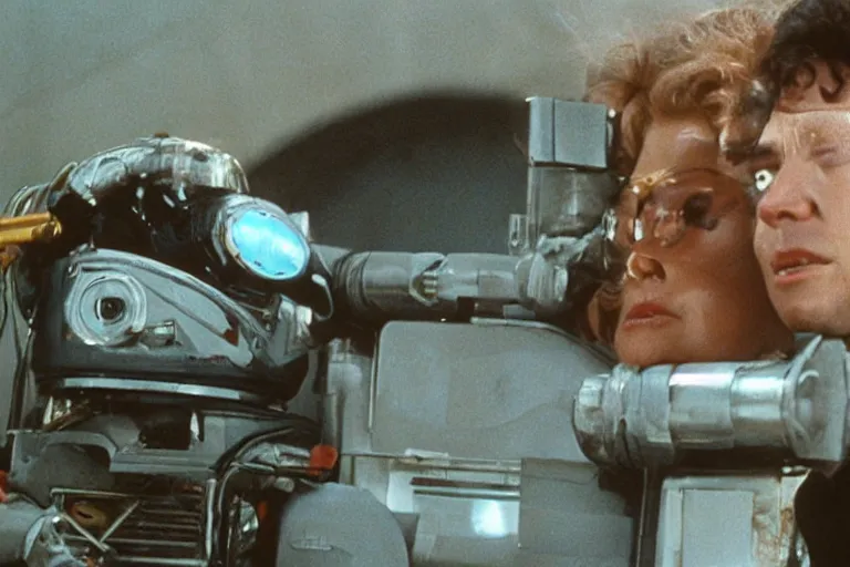 Image similar to a movie still from the 1985 summer blockbuster movie Back to the Robots directed by Steven Spielberg