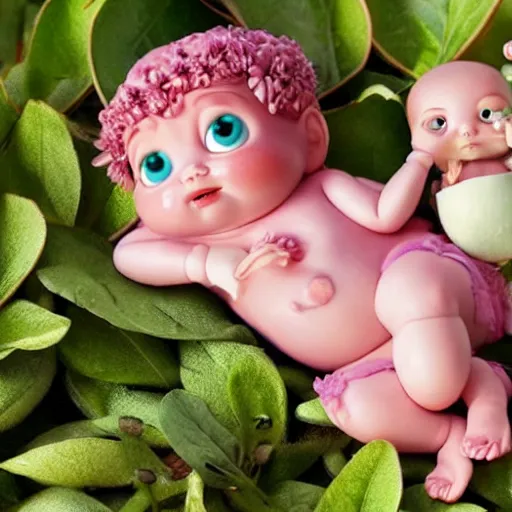 Prompt: fat pink ginseng fairy babies with puffy cheeks and ginseng plant leaves growing on top of their head, in the style of toy story