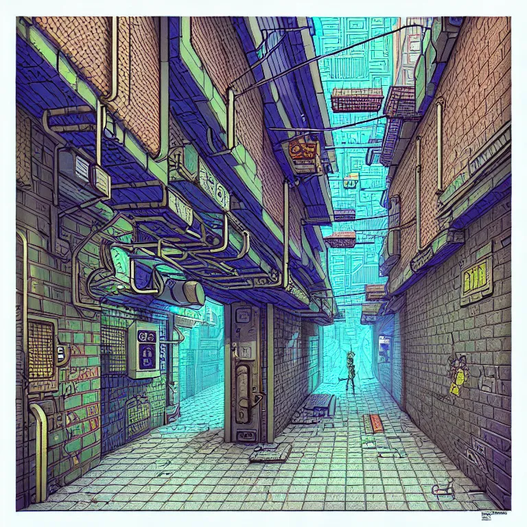 Prompt: an absurdly-detailed isometric cyberpunk alleyway colored-pen drawing as a fancy square tile