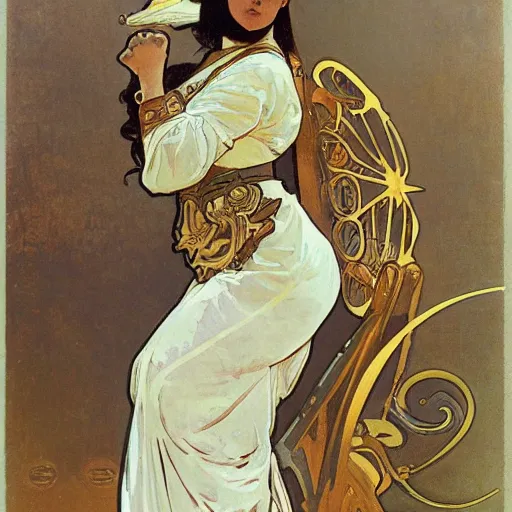 Image similar to woman in golden plate armour, fighting stance, painted by alphonse mucha