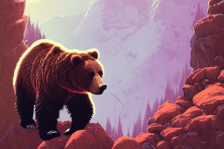 Prompt: Adorably cute portrait of Grizzly bear on top of a mountain , artstation winner by Victo Ngai, Kilian Eng and by Jake Parker, swirly vibrant color lines, winning-award masterpiece, fantastically gaudy, aesthetic octane render, 8K HD Resolution