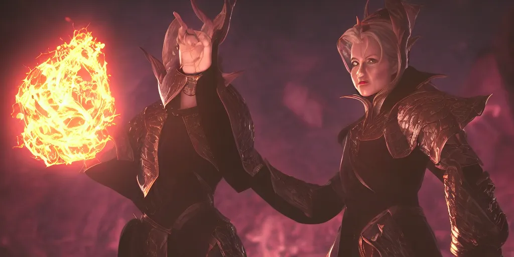 Image similar to hilary clinton as an evil elven princes casting a fireball anime style, moody lighting, octane render