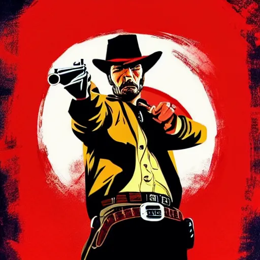 Image similar to a cowboy in the style of red dead redemption, lucky luke, the good, the bad and the ugly, clint eastwood, steven seagal, donald trump, glory days, patriotism